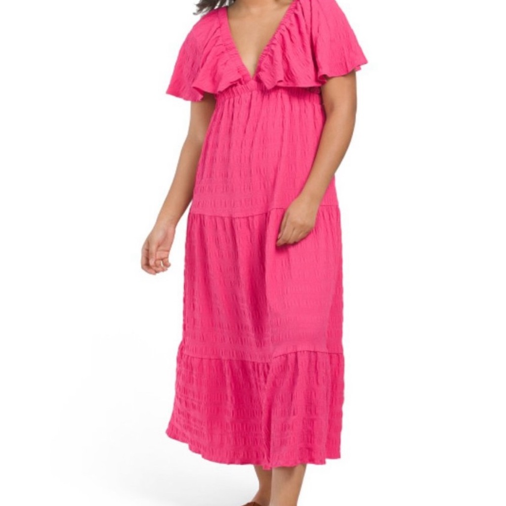 NWT | HUNTER & BROWN Pink Tiered Cape Sleeve Maxi Dress Small